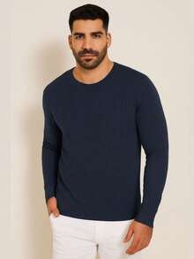 Men's Knitted Sweater, Round Neck, Long Sleeve, Basic Casual Knit Top - 灰色 - 查看 3