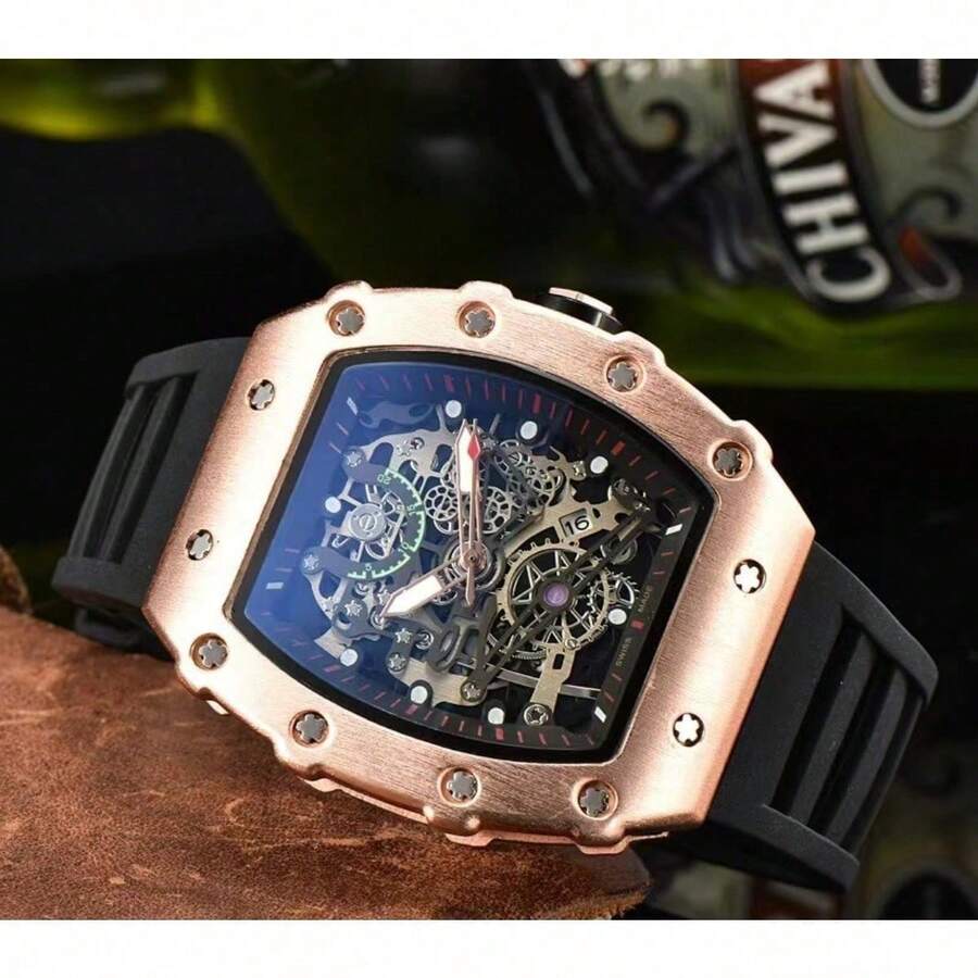..Ichard-Style Barrel Skeleton Quartz Watch, Luxury Business Casual Wristwatch With Luminous & Calendar, For Men And Women - 黑色 - 查看 1