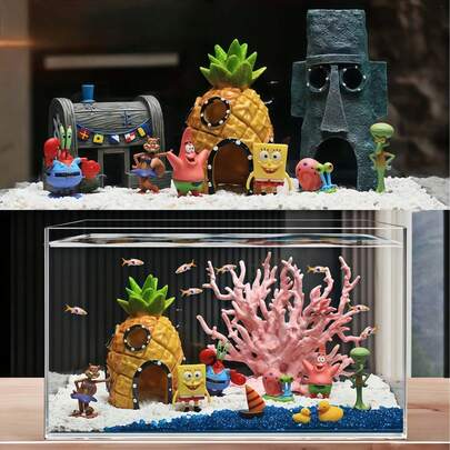 SpongeBob SquarePants 海绵宝宝菠萝屋鱼缸造景全套，小雕像，隐居屋，海绵宝宝装饰，鱼缸装饰