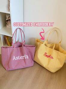(Customized) Personalized Embroidered Minimalist Plaid Canvas Tote Bag, Original Niche Versatile Commuter Large Capacity Shoulder Bag For Students