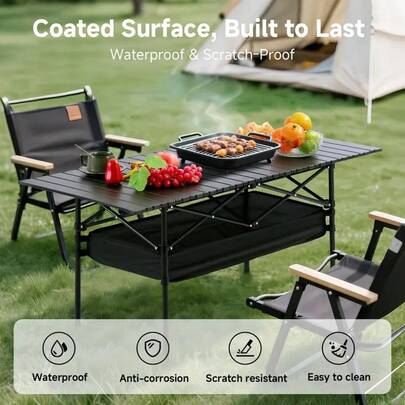 Senmeo Camping Table, Fold Up Lightweight, 4-6 Person Portable Roll Up Aluminum Table With Carry Bag For Outdoor, Support Up To 110LBS, Black