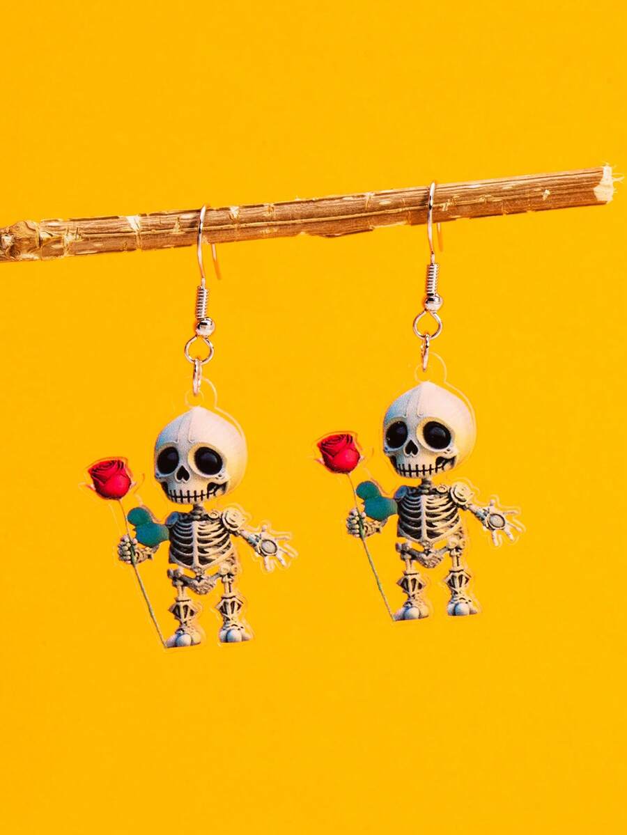 1 Pair Cute & Funny Acrylic Skeleton With Rose Flower Earrings, Suitable For Halloween Wear