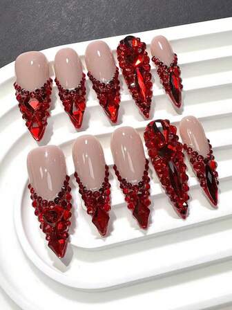 10pcs High-End The Red Series Is Full Of Diamonds Handmade Coffin French Tips Fake Nails, Luxurious And Dazzling Red Nail Decoration Patches