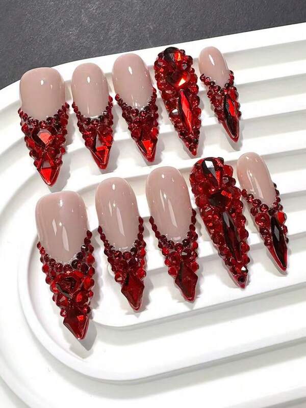 10pcs High-End The Red Series Is Full Of Diamonds Handmade Coffin French Tips Fake Nails, Luxurious And Dazzling Red Nail Decoration Patches