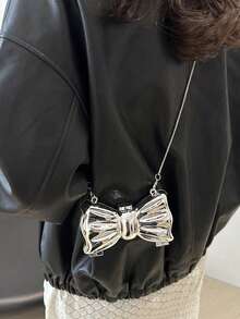 Women's Small Elegant Shoulder Bag - Shiny Bow Crossbody Purse Magnetic Buckle Cute Chain Clutch For Valentine's Day Gift For Girlfriend - 銀色 - 查看 4