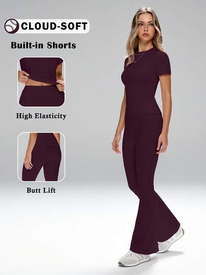 FWH "Daily-Wear Two Pieces Set For Women: Base-Style, Versatile And Conservative Design Suitable For Outdoor Commuting, Office, Fitness & Yoga. Features Sweet And Elegant Gentle Style, Slim-Fitting With Waist-Contracting Elastic Fabric. Round Neck, Short Sleeve Top Paired With High-Waist, Tummy-Control Micro-Flare Sports Pants For Leg-Lengthening Effect."