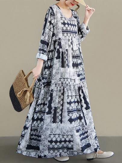 AZAH Tops, Loose Dress For Middle-Aged And Elderly Mothers, 2025 Round-Neck Long-Sleeved Pleated Skirt, Autumn Long Dress, Large-Sized Long Dress For Women, Bohemian Casual Vacation Long Dress, One Dress, Random Print, Pocket Dress