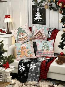 4 piezas, el tema navideño incorpora de manera ingeniosa elementos navideños, como árboles de Navidad, casas de pan de jengibre, etc. Decoración del hogar festiva, diseños alegres, estampados festivos, material de fácil cuidado, fundas duraderas, cojines festivos, cojines decorativos, para compradores de regalos, entusiastas de la Navidad