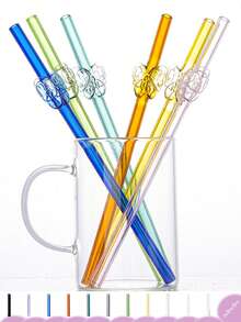 Paie drăguțe din sticlă cu perii de paie, paie reutilizabile de 7,87 inch / 8 mm, multicolore rezistente la spargere, pentru smoothie-uri, milkshake-uri, ceai sau cafea cu gheață