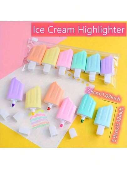 6 件迷你冰淇淋荧光笔套装，可爱涂鸦绘画日记马克笔，适合男孩女孩的礼物，儿童奖品，儿童派对用品，生日礼物，圣诞礼物
