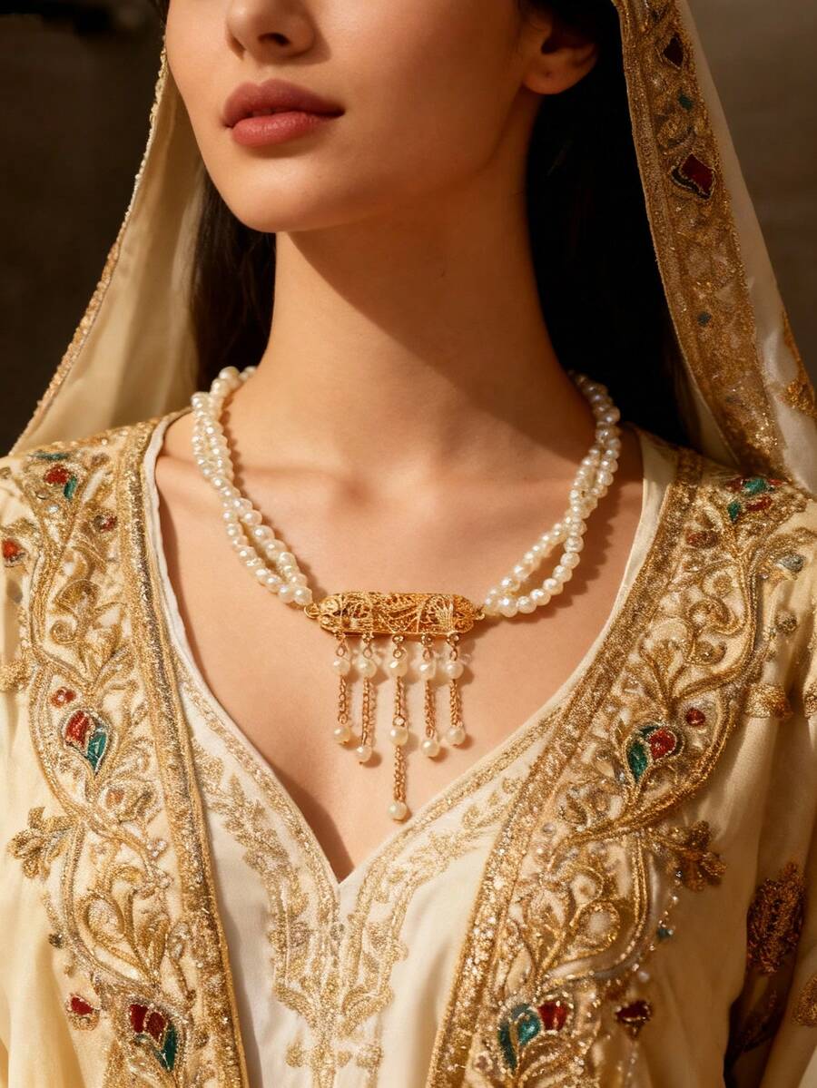 Herseygold 1 件中东奢华镀金珍珠项链，阿拉伯新娘婚礼项链，女士节日庆祝礼物 - 金色 - 查看 1