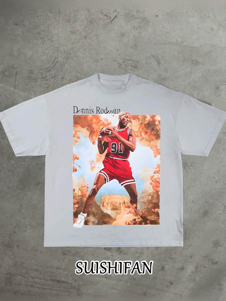 Retro Sports Star Graphic Soft & Comfortable Crew Neck Short Sleeve Tee, Streetwear Fashion Top for All Seasons, Casual Streetwear | Round Neck Tshirt - Blanco - Ver 1