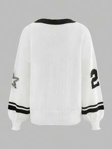 女式 V 领落肩拼色数字提花灯笼袖套头衫 - 柔软宽松针织上衣，适合街头休闲装、返校装、日常通勤装、派对装、秋冬装