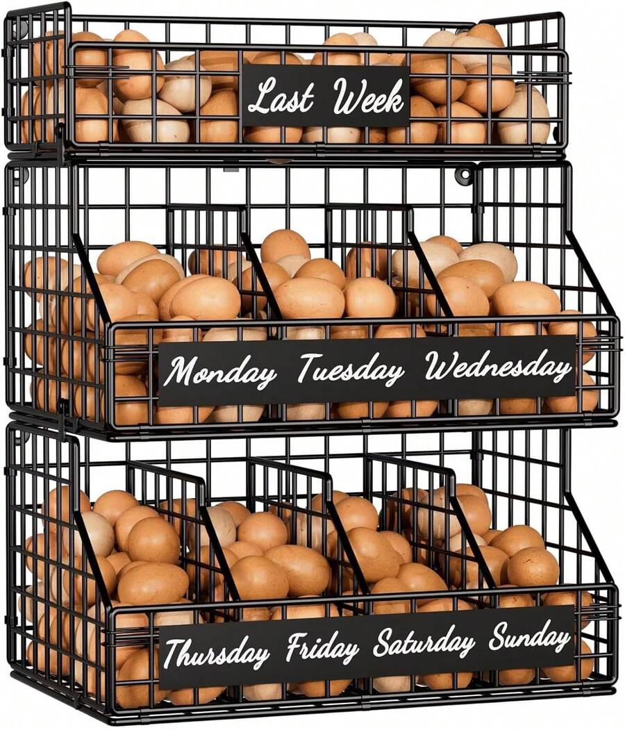 Egg Holder Countertop With 5 Dividers & Labels, 3 Tier Stackable Chicken Egg Holder Baskets For Gathering Fresh Eggs, Egg Organizer For Egg Storage, Wall-Mounted, Black - 黑色 - 查看 1