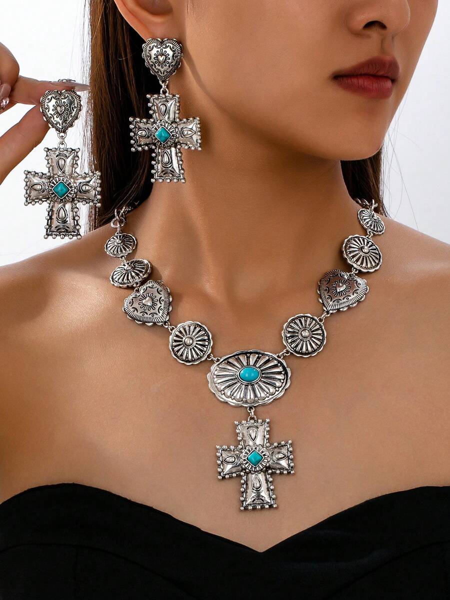 OABE 3pcs/Set Vintage Boho Style Textured Carving Heart/Cross Pendant With Turquoise Inlay Women Jewelry Set Including Necklace And Earrings, Western Charm For Daily Wear - Love Cross Set - View 1