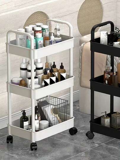 1个节省空间的塑料收纳架，浴室整理架，多层落地式置物架，可用于放置洗漱用品、书籍，适用于办公室、厨房、客厅等场所，可移动且易于组装，是浴室、厨房、办公室、书房、客厅的理想之选，也是节日送礼佳品。