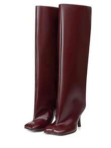 Women Wide Calf Boots Stiletto High Heels Pull On Knee High Suede Square Toe Fashion Luxury Sexy Tall Slouchy Shoes - 酒紅色 - 查看 3