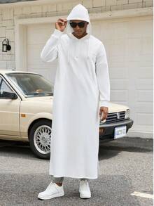 Kamisweat 穆斯林男士连帽黑色长袍，适合礼拜、度假、日常休闲、轻运动穿着。舒适的面料设计，简洁时尚的前胸拉链设计，两侧斜插口袋更加灵活，下摆两侧开衩设计，不易绊倒。多种颜色可选，蓝色、深绿色、橄榄绿、红色、卡其色、白色、灰色、棕色、紫色、红色，总有一款适合您。