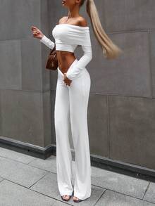 Women's Casual White Off The Shoulder Crop Top And Wide Leg Pants Two Pieces Set Medium Stretch Fabric Spring - White - View 3