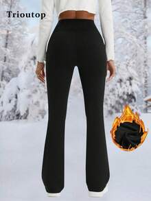 Trioutop Winter Wide Leg Pants, Women's Classic Elastic Waist Flare Trousers, Versatile Fall Casual For Travel, Winter Pants, Winter Leggings, Winter Bottoms - Black - View 4
