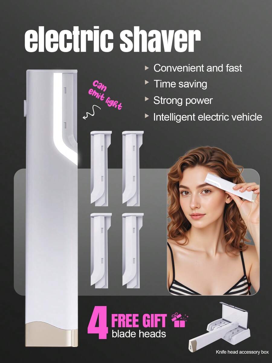电动修眉器，配4个替换刀头，电动除毛器，女士电动剃须刀，配4个替换刀头，面部脱毛器，操作简便，不刺激皮肤，动力强劲，纯电动，不锈钢刀片，轻松打造干净利落的眉形，刀头可拆卸，小巧便携，适用于身体多个部位