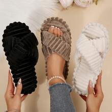 Womens Slippers Fall Winter Memory Foam Open Toe Slide Indoor Outdoor House Shoes Plush Cotton Fuzzy Bedroom Slippers - Khaki - View 3