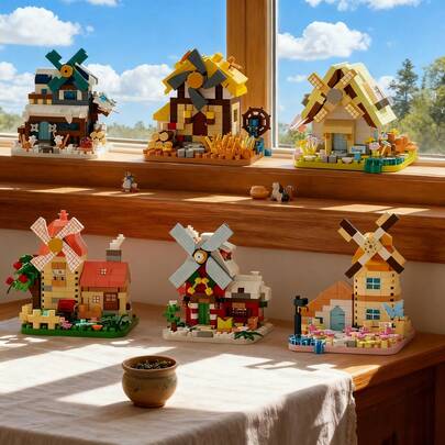 6 件微粒风车屋积木玩具，微型积木组装，ABS 材质，微型桌面装饰，乡村风格，减压组装，适合圣诞节/生日/节日礼物和朋友之间的小礼物