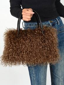 Women's Plush Handbag, Plush Large Capacity Shoulder Bag, New Fashion Faux Fur Bag With Zipper Closure, 11 Colors (White, Black, Caramel, Blue, Orange, Rose Red, Green, Korean Pink, Khaki, Dark Gray, Violet) Fashion Matching,  Handbag, Soft Texture, Casual Wear - 焦糖色 - 查看 3