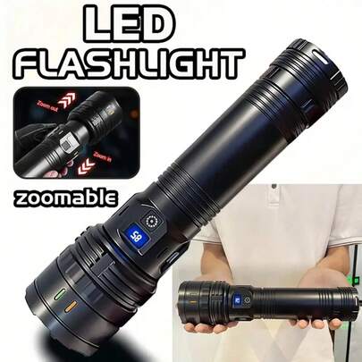 大功率 LED 探照灯，超亮手电筒，内置 2400mAh 可充电锂电池，可充电手电筒，USB 数据线，包括可调节肩带、闪光条、超大手电筒，适合露营、徒步旅行、钓鱼，是送给丈夫、男朋友、爸爸、圣诞节、万圣节的绝佳礼物