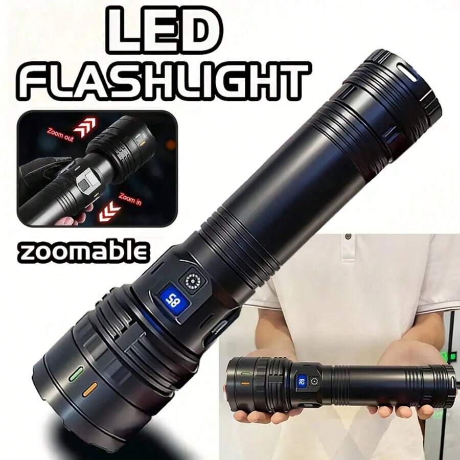 Senter LED Daya Tinggi, Senter Super Terang, Baterai Lithium Isi Ulang 2400mAh Terintegrasi, Senter Isi Ulang, Kabel USB, Termasuk Tali yang Dapat Diatur, Strip Berkedip, Senter Ekstra Besar, Cocok untuk Berkemah, Mendaki, Memancing, Hadiah Luar Biasa untuk Suami, Pacar, Ayah, Natal, Halloween
