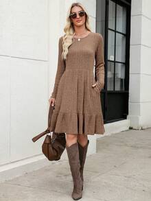 Women's Knitted Sweater Dress With Pockets, Casual Ruffle Hem, Brown Midi Dress, Suitable For Spring, Valentine's Day Party - Brown - View 5