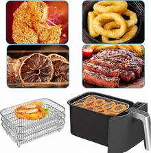 Set Of 3PCS Stainless Steel Air Fryer Grilling Rack Double Basket, 3 Layer Dehydrator Barbecue Rectangular Air Fryer Rack, Multi-Purpose Air Fryer Accessories For Kitchen Baking And Roasting - Silver - View 7