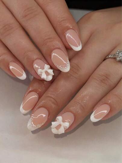 24 piezas Pegatinas de uñas ovaladas blancas para manicura francesa, diseño de lazo blanco y perla falsa, set de uñas postizas de ajuste perfecto, incluye 1 pieza de gel de gelatina y 1 pieza de lima de uñas, adecuado para mujeres y niñas para uso diario, trabajo, estudio y cuidado de uñas para fiestas