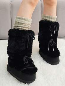 Faux Fur Snow Boots For Women Fuzzy Fluffy Furry Lace Up Mid Calf Boots Winter Warm Fur Boots For Christmas - màu đen - Xem 7