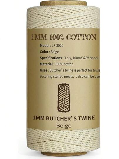 Cuerda de carnicero TJ.MOREE, 3 cabos 100m/328 pies 1mm de grosor, cuerda de algodón para cocinar, asar carne, empaquetar salchichas y decorar manualidades (Beige)