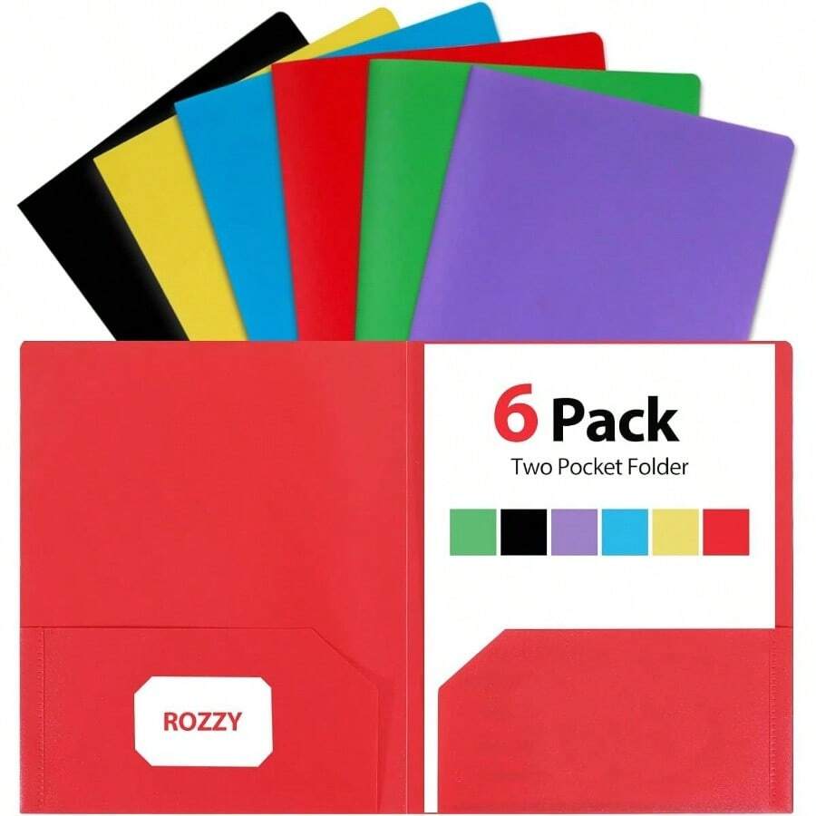 Plastic Folders With Pockets, 6 Pack Document Folders With Business Card Slot, 2 Pocket Folders Back To School Supplies, Office - Initial - View 1