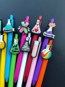 Set de 10 bolígrafos con pegatinas de botellas de reactivos de laboratorio químico, bolígrafos de tinta neutra con pegatinas con tema de experimentos científicos, adecuados para volver a la escuela, exámenes, regalos de fiesta, útiles escolares y de oficina - Multicolor - Ver 3