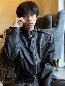 Cleanfit Short Leather Jacket Men's High-End Handsome American Retro Pilot Motorcycle Jacket Autumn - màu đen - Xem 1