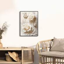 1 pieza Póster de arte de pared Moderno y elegante con rosa blanca y mariposa en lienzo 2D - Decoración floral moderna para sala de estar, dormitorio, oficina - Pintura abstracta de flores enmarcada con acentos en crema - Regalo perfecto para Halloween, Acción de Gracias, Navidad