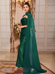 Romagic Sequined Elegant Evening Dress Strapless Backless Long Flowing Sleeves Party Party Prom Gown Halter Detachable Shawl