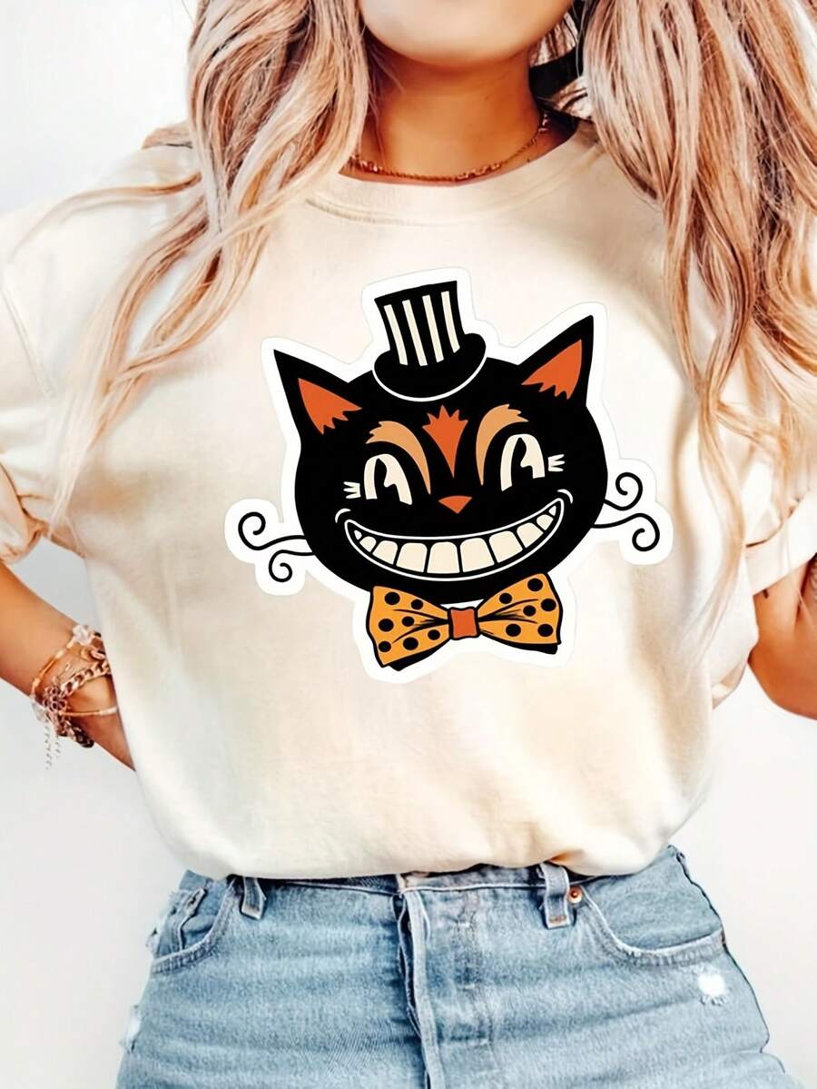 Vintage Halloween Black C-At T-Shirt, Retro Spooky Graphic T-EE, Circus C-At Shirt, Spooky SeaS-On T-EE, Halloween Party Shirt, C-At Lover Gift220G Clic Pure Cotton T-Shirt - The Perfect Blend Of Sual And Act, I For Everyday Wear And The Gym, A Warm Gift For Your HusbandWifetops WoM.En Fall OutfiT.S For WoM.En VaC.Ation OutfiT.S WoM.En Halloween Costume - 白色6 - 查看 1