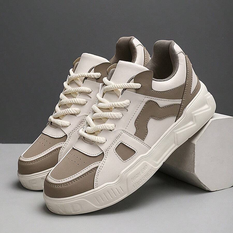 WANWEISI Chaussures de marche décontractées pour hommes - Chaussures de skate style mode de rue pour hommes avec couleurs contrastées, confortables et antidérapantes. Chaussures de sport décontractées légères et respirantes avec tige en PU, semelle intérieure rembourrée en EVA, design à lacets basse. Convient pour les activités professionnelles, les déplacements et les activités extérieures, chaussures de sport polyvalentes pour toutes les saisons, style classique à lacets, semelle intérieure épaisse et confortable - Beige - Voir 1