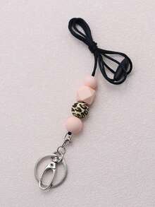 1pc Cute Leopard Print Silicone Bead Teacher Lanyard For ID Card Holder, Keychain And Key, Black And White Gray Neck Keychain Silicone Bead With Cell Phone Lanyard, Good Gift For Women, Students And Office Workers