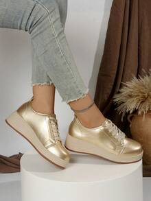 Women's Solid Color Fashion Shoes, Lace-Up Low-Top Thick-Soled Wedge Shoes, Round Toe Versatile Flats - Gold - View 2