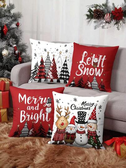 4个/1个圣诞红色枕套 - “Let It Snow”（让雪花飘落）“Merry And Bright”（欢乐明亮）“Rerry Christmas”（圣诞快乐）驯鹿、雪人、圣诞老人和稻草人印花枕套，18x18英寸 | 拉链封口 | 适用于客厅、房间装饰、沙发和卧室（不含枕芯）非常适合圣诞装饰、圣诞派对家居装饰。