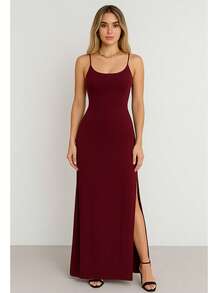 Women's Elegant Casual Long Dress In Ribbed Knit With Side Slits - Burdeos - Ver 2