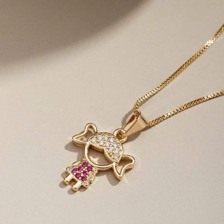 Delicate Women's Necklace With Children's, Boy's And Girl's Pendants, Plated In 18K Gold And 925 Silver With Zirconias - 1 menina(Ouro) - 查看 1