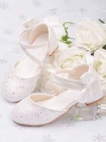 Girls' Princess Crystal High Heel Shoes With Bow, White, Spring/Autumn