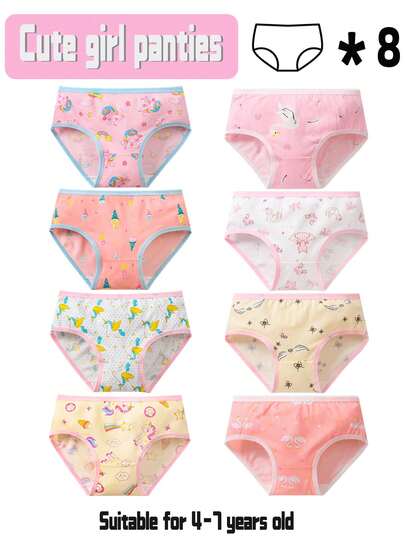 8 delar 1-pack, bekväma trosor med tecknat mönster som söta tjejer gillar, hemlig present till döttrar och barnbarn på helgdagar