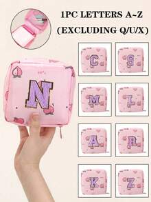 A-Z First Letter Towel Pearl Embroidered Portable Sanitary Napkin Storage Bag - Large Capacity Waterproof Cartoon Design - Suitable For Girls In Their Menstrual Period! Waterproof Cosmetic Travel Bag, Coin Wallet, Teen Girl Cash Bag
